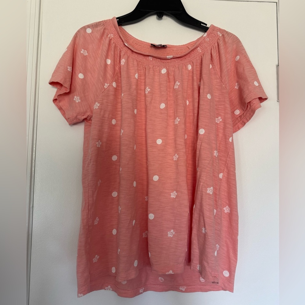 Kim Rogers Coral Blouse with White Polka Dots and Flowers